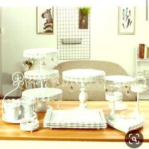 Wedding cake dessert table displays candy